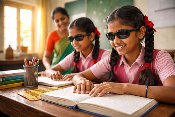 AI generated Braille learning classroom for visually impaired Indian students